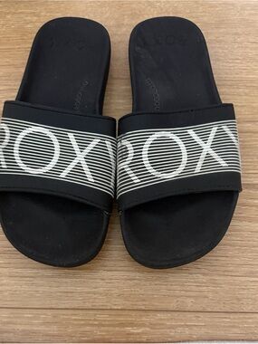 Roxy Black Slide Sandals with White Striped Logo Strap